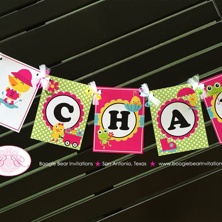 Frog Duck Birthday Party Name Banner Pink Girl Spring Flower Gardening Green 1st 2nd 3rd 4th 5th 6th Boogie Bear Invitations Charlize Theme