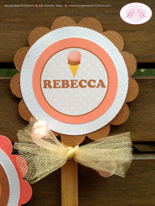 Retro Ice Cream Cupcake Toppers Birthday Party Summer Girl Pink Brown Cone Sweet Vintage Retro Shop Boogie Bear Invitations Rebecca Theme