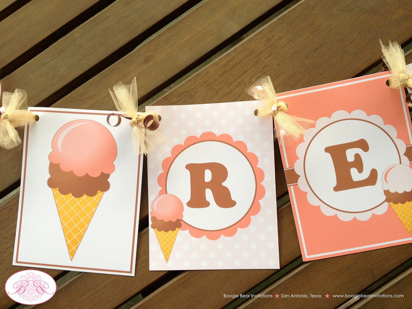 Ice Cream Birthday Party Name Banner Summer Peach Brown Retro 50s Girl 1st 2nd 3rd 4th 5th 6th 7th 8th Boogie Bear Invitations Rebecca Theme