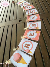 Load image into Gallery viewer, Ice Cream Birthday Party Name Banner Summer Peach Brown Retro 50s Girl 1st 2nd 3rd 4th 5th 6th 7th 8th Boogie Bear Invitations Rebecca Theme
