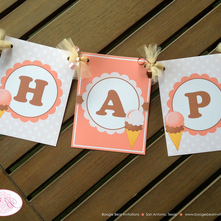 Ice Cream Happy Birthday Party Banner Summer Peach Brown Retro 50s Girl 1st 2nd 3rd 4th 5th 6th 7th Boogie Bear Invitations Rebecca Theme