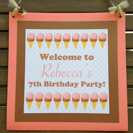 Ice Cream Birthday Party Door Banner Happy Summer Girl Pink Brown Vintage Retro Sweet Polka Dot Scoop Boogie Bear Invitations Rebecca Theme