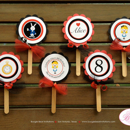Alice In Wonderland Cupcake Toppers Birthday Party Girl Queen of Hearts White Rabbit Hole Mad Hatter Set Boogie Bear Invitations Alice Theme