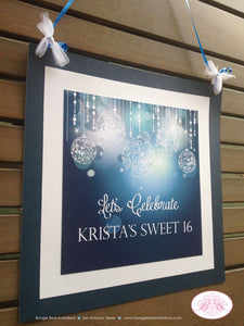 Blue Glowing Ornaments Door Banner Birthday Party Sweet 16 Happy Winter Christmas Holiday Formal Dinner Boogie Bear Invitations Krista Theme