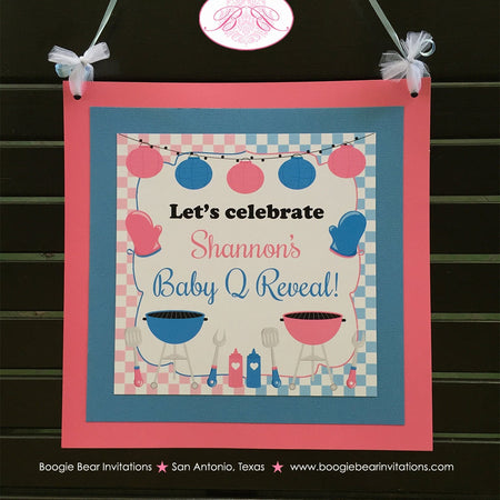 BBQ Reveal Baby Shower Door Banner Sign Pink Blue Grill Q Summer Dinner Boy Girl Barbecue Party Twins Boogie Bear Invitations Shannon Theme