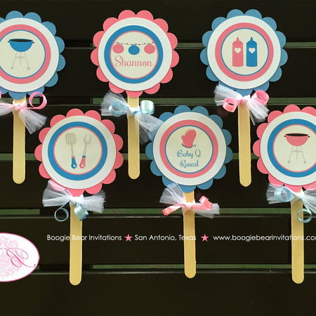 BBQ Reveal Baby Shower Cupcake Toppers Pink Blue Grill Q Summer Dinner Boy Girl Barbecue Party Twins Boogie Bear Invitations Shannon Theme