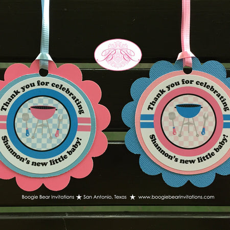 BBQ Reveal Baby Shower Favor Tags Grill Q Pink Blue Cook Summer Dinner Boy Girl Barbecue Party Twins Boogie Bear Invitations Shannon Theme