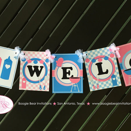BBQ Reveal Welcome Baby Shower Banner Party Grill Q Pink Blue Summer Boy Girl Barbecue Twins Boogie Bear Invitations Shannon Theme Printed