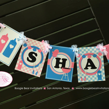 BBQ Reveal Baby Shower Party Name Banner Grill Q Pink Blue Summer Boy Girl Barbecue Welcome Boogie Bear Invitations Shannon Theme Printed