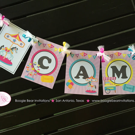 Amusement Park Birthday Party Banner Girl Name Carousel Horse Girl Pink Blue Ferris Wheel Circus Ride Boogie Bear Invitations Camille Theme