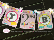 Load image into Gallery viewer, Amusement Park Happy Birthday Banner Carousel Horse Ride Girl Pink Blue 1st 2nd 3rd 4th 5th 6th 7th Boogie Bear Invitations Camille Theme
