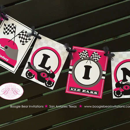 Pink Motorcycle Party Name Banner Birthday Driver Racing Black Girl Enduro Motocross Racing Race Track Boogie Bear Invitations Lindsey Theme