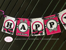 Load image into Gallery viewer, Pink Motorcycle Happy Birthday Party Banner Girl Black Grey Race Enduro Motocross Racing Race Track Boogie Bear Invitations Lindsey Theme