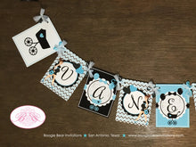 Load image into Gallery viewer, Aqua Blue Black Baby Shower Name Banner Party Modern Chic Boy Girl Teal Turquoise Chevron Dot Boogie Bear Invitations Vanessa Theme Printed