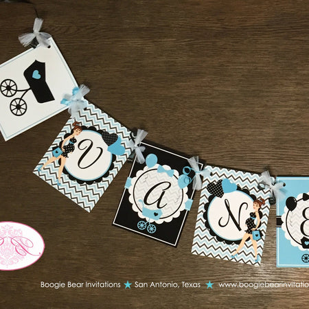 Aqua Blue Black Baby Shower Name Banner Party Modern Chic Boy Girl Teal Turquoise Chevron Dot Boogie Bear Invitations Vanessa Theme Printed