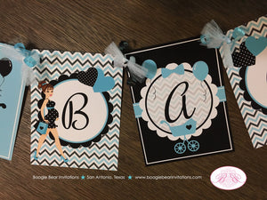 Aqua Blue Black Welcome Baby Shower Banner Modern Chic Boy Girl Teal Turquoise Chevron Dot Boogie Bear Invitations Vanessa Theme Printed