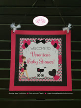 Load image into Gallery viewer, Pink Black Baby Shower Door Banner Party Girl Chevron Modern Chic Ribbon Heart Dot Stroller Boogie Bear Invitations Veronica Theme Printed