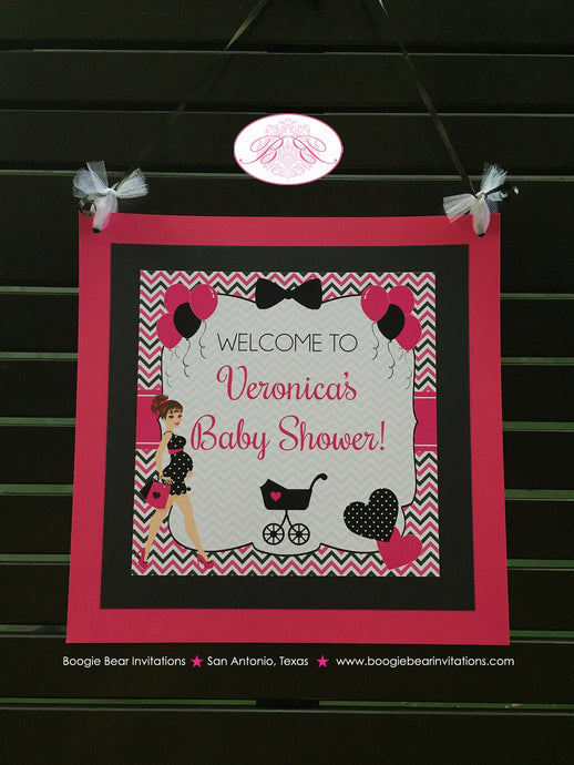 Pink Black Baby Shower Door Banner Party Girl Chevron Modern Chic Ribbon Heart Dot Stroller Boogie Bear Invitations Veronica Theme Printed