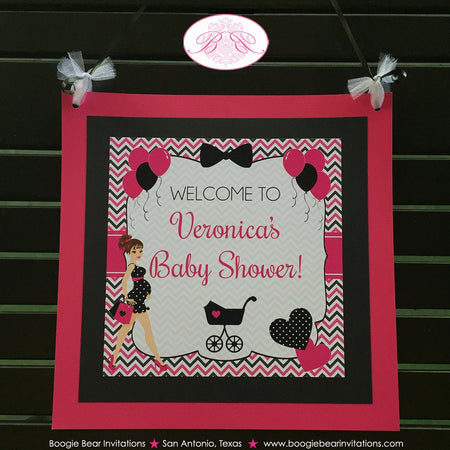 Pink Black Baby Shower Door Banner Party Girl Chevron Modern Chic Ribbon Heart Dot Stroller Boogie Bear Invitations Veronica Theme Printed
