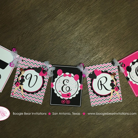 Pink Black Baby Shower Party Name Banner Modern Chic Girl Chevron Dot Ribbon Heart Stroller Boogie Bear Invitations Veronica Theme Printed