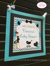 Load image into Gallery viewer, Aqua Blue Black Baby Shower Door Banner Party Modern Chic Boy Girl Teal Turquoise Chevron Dot Boogie Bear Invitations Vanessa Theme Printed
