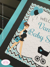 Load image into Gallery viewer, Aqua Blue Black Baby Shower Door Banner Party Modern Chic Boy Girl Teal Turquoise Chevron Dot Boogie Bear Invitations Vanessa Theme Printed
