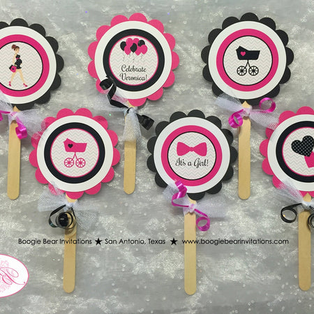 Pink Black Baby Shower Cupcake Toppers Party Chevron Modern Chic Girl Scallop Ribbon Heart Stroller Boogie Bear Invitations Veronica Theme