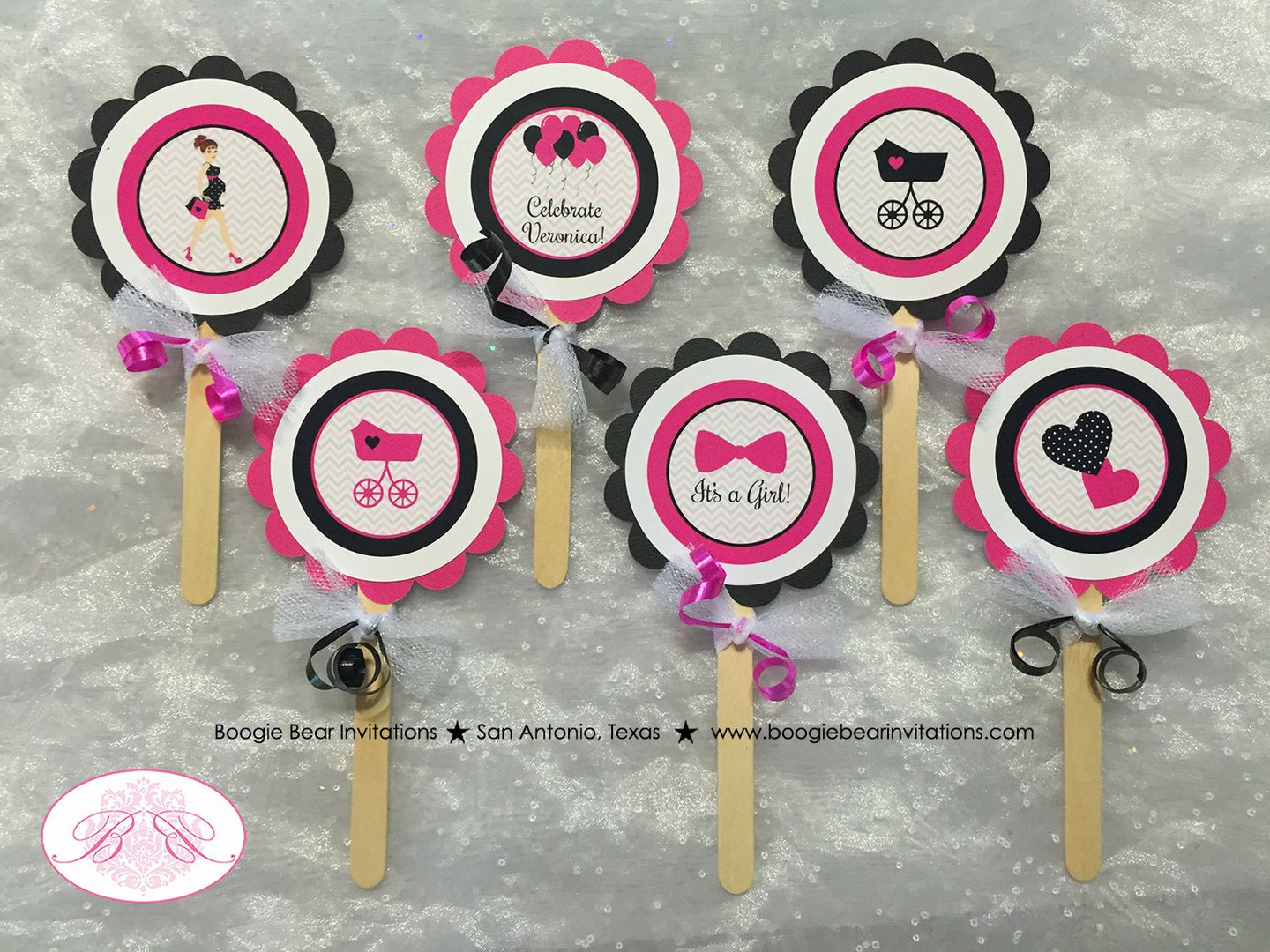 Pink Black Baby Shower Cupcake Toppers Party Chevron Modern Chic Girl Scallop Ribbon Heart Stroller Boogie Bear Invitations Veronica Theme