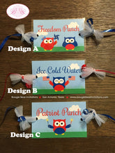 Load image into Gallery viewer, 4th of July Owls Party Beverage Card Birthday Drink Label Wraps Fireworks Boy Girl Independence Day Boogie Bear Invitations Blakeley Theme
