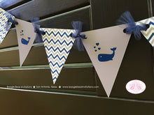Load image into Gallery viewer, Navy Blue Whale Baby Shower Party Banner Pennant Garland Boy Royal Grey White Little Chevron Boogie Bear Invitations Kristy Theme Printed