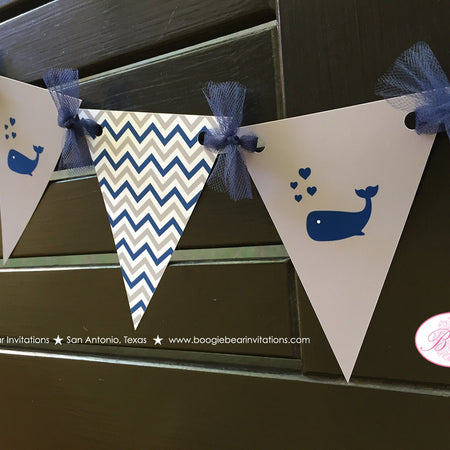 Navy Blue Whale Baby Shower Party Banner Pennant Garland Boy Royal Grey White Little Chevron Boogie Bear Invitations Kristy Theme Printed