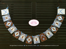 Load image into Gallery viewer, Blue Cowboy Welcome Baby Banner Shower Party Gunslinger Boots Lone Star Pistol Gun Paisley Gingham Navy Boogie Bear Invitations Shane Theme