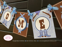 Load image into Gallery viewer, Blue Cowboy Welcome Baby Banner Shower Party Gunslinger Boots Lone Star Pistol Gun Paisley Gingham Navy Boogie Bear Invitations Shane Theme