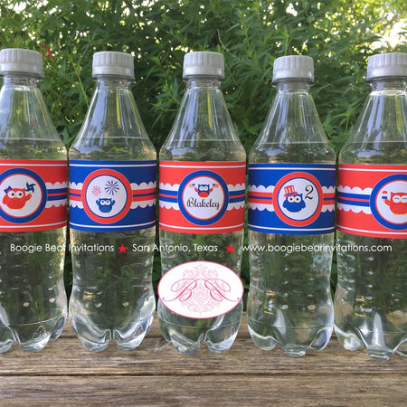 4th of July Owls Party Bottle Wraps Wrappers Label Cover Birthday Fireworks Flag Red White Blue USA Boogie Bear Invitations Blakeley Theme