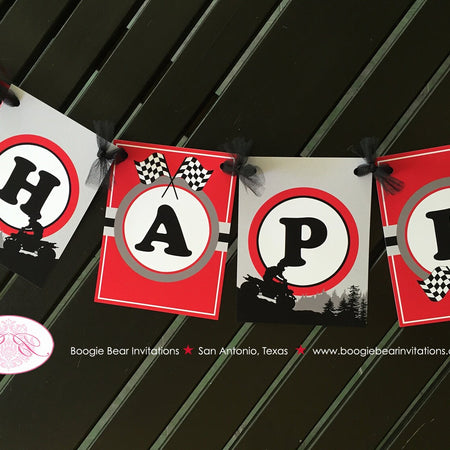 ATV Happy Birthday Party Banner Red Racing Quad Black Boy Girl All Terrain Vehicle 4 Wheeler Modern Hill Boogie Bear Invitations Adam Theme