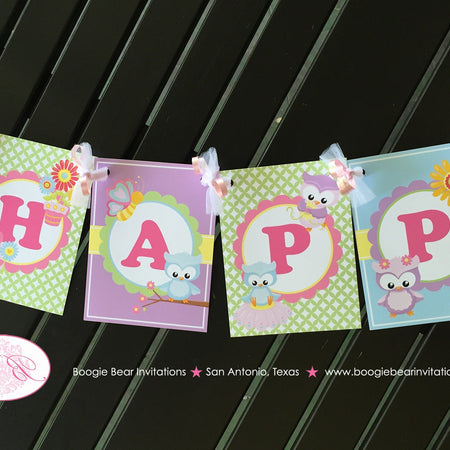 Spring Owls Happy Birthday Party Banner Girl Easter Pink Flower Pot Garden Butterfly Woodland Animals Boogie Bear Invitations Lorelei Theme