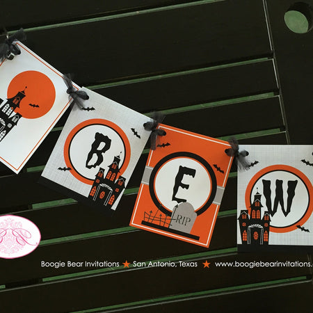 Haunted House Beware Halloween Banner Party Full Moon Haunting Orange Fall Bats Black Bat Graveyard Boogie Bear Invitations Hitchcock Theme