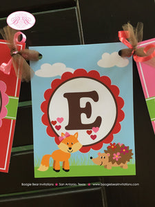 Valentine's Day Party Name Banner Birthday Woodland Animals Forest Creatures Picnic Heart Love Red Pink Boogie Bear Invitations Amelie Theme