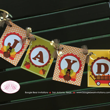 Little Turkey Birthday Banner Party Small Girl Boy Fall Thanksgiving Pumpkin Wagon 1st 2nd 3rd 4th 5th Boogie Bear Invitations Jayden Theme