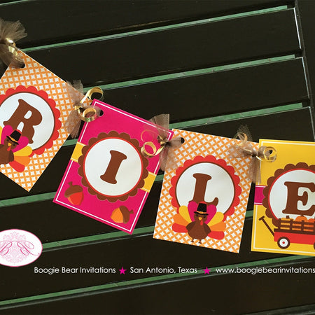 Pink Turkey Birthday Banner Party Small Girl Little Fall Thanksgiving Pumpkin Wagon Farm Barn Country Boogie Bear Invitations Riley Theme