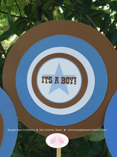 Load image into Gallery viewer, Blue Gunslinger Baby Shower Centerpiece Set Boy Lone Star Brown Boots Guns Pistols Ranch Congratulations Boogie Bear Invitations Shane Theme