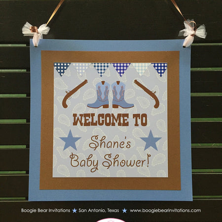 Blue Gunslinger Baby Shower Door Banner Lone Star Texas Brown Cowboy Boots Boy Paisley Gingham Western Boogie Bear Invitations Shane Theme