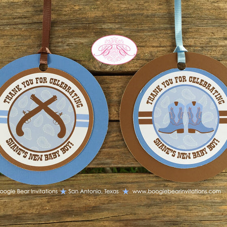 Blue Gunslinger Baby Shower Favor Tags Boy Brown Boots Guns Pistols Ranch Paisley Cowboy Boots Pistol Boogie Bear Invitations Shane Theme