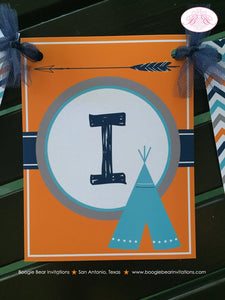 Teepee Arrow Birthday Party Name Banner Chevron Orange Navy Aqua Turquoise Village Tribe Retro Girl Boy Boogie Bear Invitations Mikasi Theme