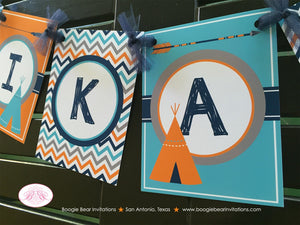 Teepee Arrow Birthday Party Name Banner Chevron Orange Navy Aqua Turquoise Village Tribe Retro Girl Boy Boogie Bear Invitations Mikasi Theme