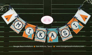 Teepee Arrow Birthday Party Name Banner Chevron Orange Navy Aqua Turquoise Village Tribe Retro Girl Boy Boogie Bear Invitations Mikasi Theme