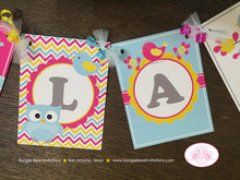 Load image into Gallery viewer, Yellow Pink Blue Owl Baby Shower Banner Name Little Boy Girl Bird Party Forest Grey Woodland Boogie Bear Invitations Lola Theme Printed