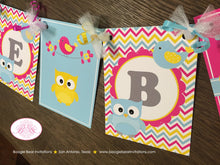 Load image into Gallery viewer, Yellow Pink Blue Welcome Baby Shower Banner Birds Owls Little Boy Girl Party Forest Grey Chevron Boogie Bear Invitations Lola Theme Printed