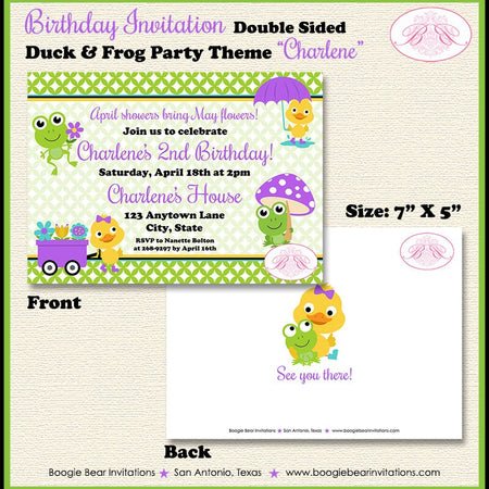 Frog Duck Spring Birthday Party Invitation Garden Girl Purple Grow Flower Boogie Bear Invitations Charlene Theme Paperless Printable Printed
