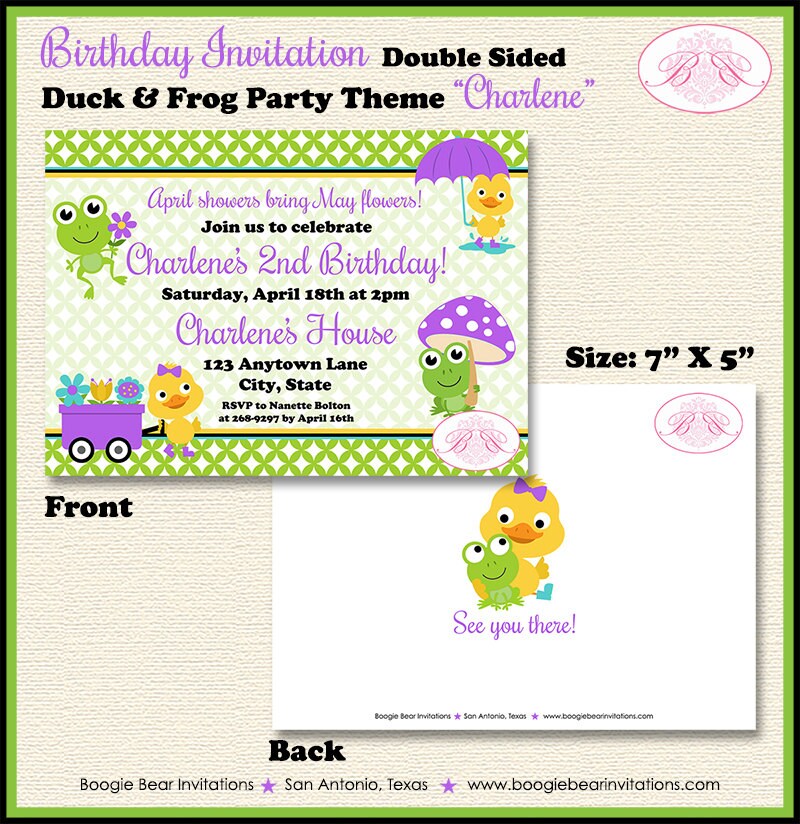Frog Duck Spring Birthday Party Invitation Garden Girl Purple Grow Flower Boogie Bear Invitations Charlene Theme Paperless Printable Printed